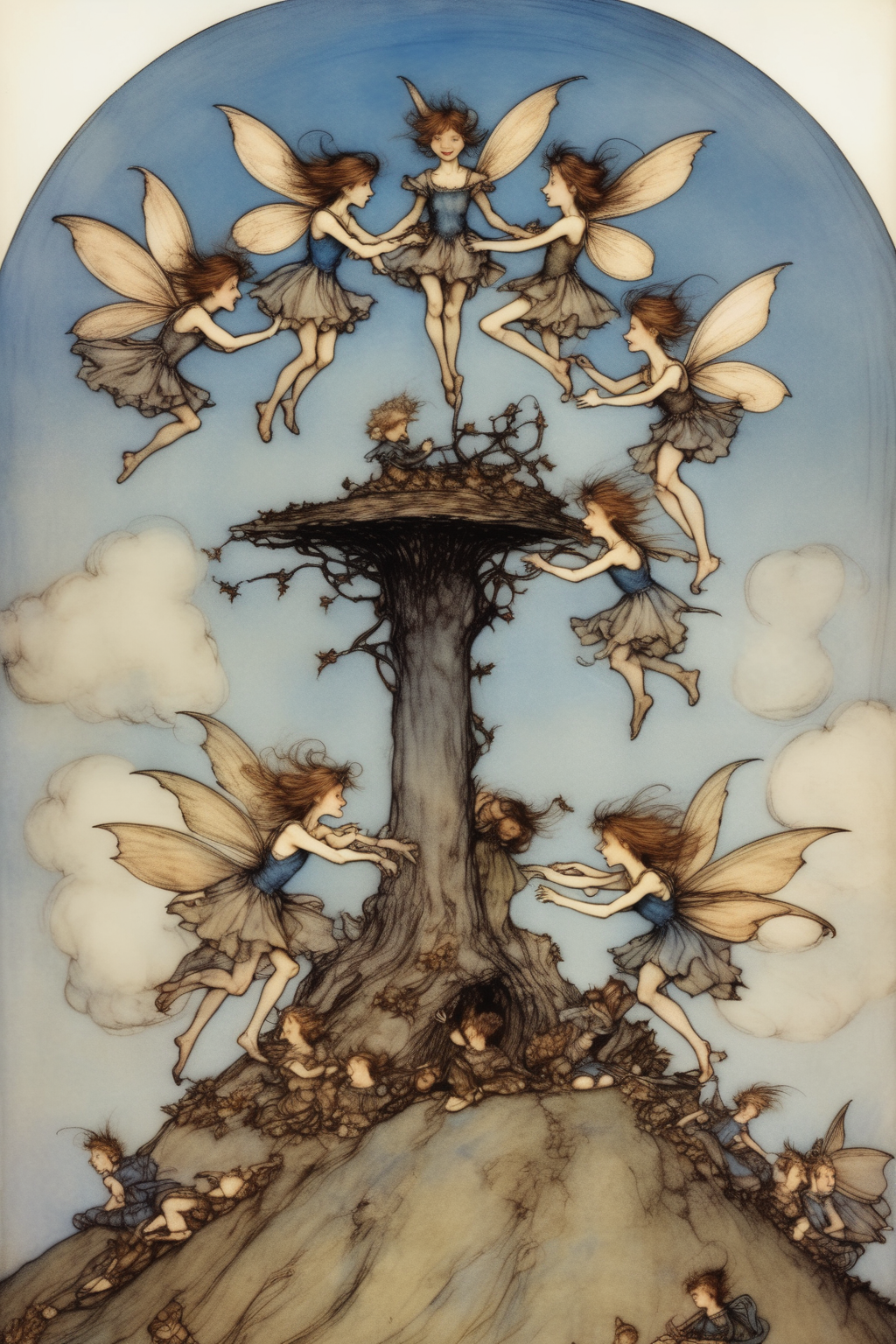 00383-1065367438-_lora_Richard Dadd Style_1_by Richard Dadd Style - fairies dancing in a circle on top of a hill with a blue sky Arthur Rackham s.png